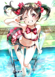 Rule 34 | 10s, 1girl, \m/, bikini, bikini skirt, black hair, blush, bow, breasts, feet in water, frilled bikini, frills, from above, grin, hair bow, keepout, love live!, love live! school idol project, medium breasts, nico nico nii, one eye closed, plaid, plaid bow, pool, pool ladder, poolside, red eyes, short hair, smile, solo, swimsuit, twintails, v over eye, wading, water, yazawa nico