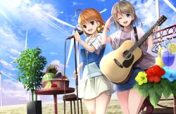 Rule 34 | 10s, 2girls, acoustic guitar, ahoge, apple, banana, basket, blue eyes, bow, cloud, collarbone, day, flower, food, fruit, guitar, hair bow, highres, instrument, leg up, lemon, lemon slice, light brown hair, love live!, love live! sunshine!!, microphone, microphone stand, multiple girls, open clothes, open mouth, orange hair, orein, outdoors, red eyes, salute, shirt, short hair, skirt, sky, smile, striped clothes, striped shirt, t-shirt, takami chika, vest, watanabe you, watermelon, windmill, yellow bow
