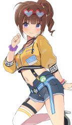 Rule 34 | ahoge, arm behind back, belt, blue belt, blue shorts, blush, breasts, brown hair, choker, clenched hand, commentary request, denim, denim shorts, eyewear on head, hand up, heart, heart-shaped eyewear, highres, idolmaster, idolmaster million live!, idolmaster million live! theater days, jacket, leg up, long sleeves, looking at viewer, medium breasts, medium hair, midriff, mochigome (ununquadium), multicolored clothes, navel, purple eyes, scrunchie, shoes, shorts, side ponytail, single thighhigh, smile, solo, suspender shorts, suspenders, thigh strap, thighhighs, thighs, white thighhighs, wristband, yellow jacket, yokoyama nao