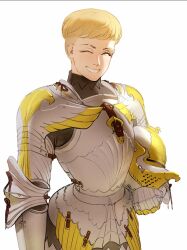 Rule 34 | 1girl, androgynous, armor, blonde hair, breastplate, closed eyes, full armor, gauntlets, grin, helm, helmet, highres, knight, looking at viewer, medieval, original, plate armor, short hair, simple background, smile, wass nonnam, white background