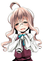 Rule 34 | 1girl, ahoge, commentary request, crying, crying with eyes open, dress, dress shirt, glasses, kantai collection, kurona, long hair, makigumo (kancolle), open mouth, pink hair, red dress, shirt, sleeves past wrists, solo, tears, tied sleeves, yellow eyes