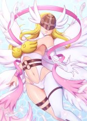 Rule 34 | 1girl, angel, angel girl, angewomon, armor, artist name, belt, blonde hair, breastplate, breasts, digimon, gloves, highres, large breasts, long hair, mask, navel, parted lips, revealing clothes, ribbon, solo, the scarlet devil, wings