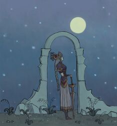 Rule 34 | 1girl, aconitum-acolyte, armor, armored dress, blue armor, braid, flower, full moon, gold trim, helmet, highres, lenneth valkyrie, long hair, looking to the side, low-braided long hair, low-tied long hair, moon, night, night sky, outdoors, ruins, sky, solo focus, standing, sword, valkyrie, valkyrie profile (series), weapon, white flower, winged helmet