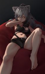 Rule 34 | 1girl, :p, absurdres, animal ears, arknights, bare arms, bare legs, bare shoulders, barefoot, black background, black shorts, breasts, cat ears, commentary request, crop top, foot out of frame, grey hair, hair between eyes, highres, kaos (998), large breasts, long hair, looking at viewer, midriff, navel, schwarz (arknights), short shorts, shorts, solo, stomach, thighs, tongue, tongue out, yellow eyes