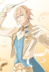 Rule 34 | 1boy, ascot, conductor baton, blonde hair, blue eyes, blue vest, brooch, conductor, double-parted bangs, ensemble stars!, falling feathers, feathers, gloves, gold trim, gradient background, hair between eyes, hands up, high-waist pants, highres, holding, holding wand, jacket, jewelry, lapels, long sleeves, looking at viewer, male focus, pants, parted lips, shirt, shisi (qh19984), short hair, sideways glance, solo, sweat, tailcoat, tenshouin eichi, vest, wand, white ascot, white background, white feathers, white gloves, white jacket, white pants, white shirt, yellow background