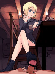 Rule 34 | 00s, 1girl, bad id, bad pixiv id, blonde hair, blue eyes, bootjob, boots, bottomless, censored, chair, erica hartmann, feet, femdom, footjob, fork, highres, crossed legs, no pants, penis, pov, precum, shibafu (glock23), shoejob, shoes, short hair, sitting, solo focus, strike witches, uniform, world witches series