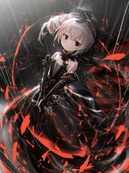 Rule 34 | 1girl, bare shoulders, black dress, black gloves, blood, bloody knife, bronya zaychik, closed mouth, commentary request, dress, elbow gloves, gloves, grey hair, hair between eyes, highres, holding, holding knife, honkai (series), honkai impact 3rd, jell (jell y fish), knife, looking at viewer, multicolored hair, rain, red eyes, red hair, side ponytail, sidelocks, solo, strapless, strapless dress, streaked hair, two-handed