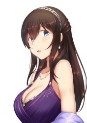 Rule 34 | 10s, 1girl, bare shoulders, black hair, blue eyes, breasts, cleavage, collarbone, commentary request, earrings, hairband, idolmaster, idolmaster cinderella girls, jewelry, kaname (melaninusa09), large breasts, long hair, necklace, open mouth, pearl necklace, sagisawa fumika, white background