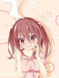 Rule 34 | 1girl, @ @, blush, breasts, brown eyes, brown hair, commentary request, dress, ebina nana, flying sweatdrops, hair tie, hands on own face, hands up, head tilt, highres, himouto! umaru-chan, kushida you, looking at viewer, medium breasts, nose blush, open mouth, pink dress, pink ribbon, puffy short sleeves, puffy sleeves, ribbon, short sleeves, smoke, solo, striped, two side up, upper body, wavy mouth