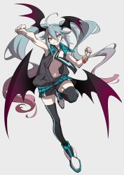 Rule 34 | 1girl, armpits, bag, bare arms, black jacket, black shorts, black thighhighs, black vest, blue hair, boots, closed mouth, demon wings, full body, gradient hair, grey background, hair between eyes, head wings, highres, jacket, long hair, looking at viewer, multicolored hair, navel, necktie, no bra, original, pink eyes, pink hair, samei ikusa, shorts, simple background, smile, solo, thighhighs, twintails, very long hair, vest, white footwear, wings, wristband