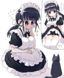Rule 34 | ..., 1girl, animal, apron, black eyes, black hair, breasts, cat, clothes lift, dress, dress lift, finger to mouth, flashing, flying sweatdrops, highres, large breasts, lifting own clothes, maid, maid apron, maid headdress, naitou kouse, original, panties, ponytail, shushing, spoken ellipsis, striped clothes, striped panties, thighhighs, translated, underwear, white background, white thighhighs