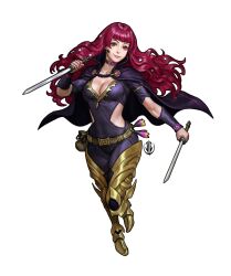 Rule 34 | 1girl, bare shoulders, black cape, blush, bodysuit, breasts, cape, cleavage, clothing cutout, fire emblem, fire emblem engage, full body, hair ornament, highres, john dimayuga, knife, large breasts, long hair, looking at viewer, nintendo, red eyes, red hair, side cutout, simple background, smile, solo, star (symbol), star hair ornament, white background, yunaka (fire emblem)