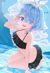 Rule 34 | 1girl, absurdres, arona (blue archive), bikini, bikini skirt, blue archive, blue eyes, blue hair, bow, bow hairband, braid, breasts, commentary, day, frilled bikini, frills, hair bow, hair over one eye, hairband, halo, hand up, highres, looking at viewer, multicolored hair, open mouth, pink hair, prock, short hair, side braid, sitting, sky, small breasts, smile, solo, swimsuit, water, yokozuwari