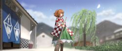 Rule 34 | 1girl, apron, bell, blue sky, broom, checkered clothes, checkered kimono, day, field, hair bell, hair ornament, highres, holding, holding broom, japanese clothes, kimono, looking away, motoori kosuzu, outdoors, red hair, short hair, sky, solo, standing, suna (s73d), touhou, tree, twintails, two side up, village, wind