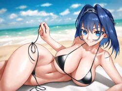 Rule 34 | 1girl, alternate costume, armpits, beach, bikini, black bikini, black hair, blue eyes, blue hair, blush, breasts, chain, chain headband, cleavage, collarbone, colored inner hair, fangs, groin, hair intakes, halterneck, highleg, highleg bikini, highres, hololive, hololive english, large breasts, looking at viewer, lying, multicolored hair, navel, o-ring, o-ring bikini, ocean, ouro kronii, outdoors, parted lips, revision, ribbon earrings, sand, shiny skin, short hair, sideboob, sidelocks, skin fangs, skindentation, skylock, smile, solo, stomach, string bikini, swimsuit, thighs, towel, under umbrella, underboob, virtual youtuber, water, wide hips
