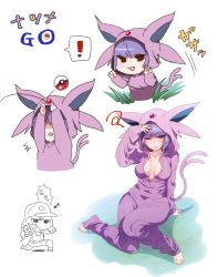 Rule 34 | !, 1girl, :q, alternate costume, barefoot, baseball cap, belt, blush, bodysuit, breasts, breasts apart, copyright name, cosplay, creatures (company), english text, espeon, espeon (cosplay), female protagonist (pokemon go), game freak, gen 2 pokemon, grass, gym leader, hand on own forehead, hat, hizuki akira, large breasts, long hair, long sleeves, nintendo, one eye closed, open clothes, open mouth, outdoors, poke ball, pokemon, pokemon go, ponytail, purple bodysuit, red eyes, sabrina (pokemon), spoken exclamation mark, tail, tongue, tongue out