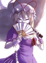 Rule 34 | 1girl, blonde hair, covering own mouth, darjeeling (reley), dress, evil smile, folding fan, hand fan, hat, hat ribbon, highres, holding, holding umbrella, looking at viewer, pale skin, parted lips, pink eyes, purple dress, red ribbon, ribbon, short hair, simple background, sketch, smile, solo, staring, touhou, tsurime, umbrella, upper body, white background, white hat, yakumo yukari