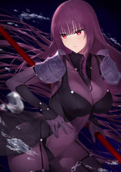Rule 34 | 1girl, akitaka akita, armor, blue background, blunt bangs, blush, bodysuit, breasts, covered navel, cowboy shot, fate/grand order, fate (series), gae bolg (fate), gloves, gradient background, highres, holding, holding weapon, impossible bodysuit, impossible clothes, large breasts, long hair, looking away, looking to the side, parted lips, pauldrons, purple bodysuit, purple gloves, purple hair, red eyes, scathach (fate), shoulder armor, skin tight, smile, solo, straight hair, very long hair, water, weapon