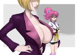 Rule 34 | breast envy, breasts, clothes, formal, highres, hunter x hunter, jealous, large breasts, looking at another, machi komacine, non-web source, open clothes, open shirt, pakunoda, pink hair, simple background, suit
