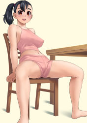Rule 34 | 1girl, :d, barefoot, black hair, breasts, brown eyes, chair, covered erect nipples, halterneck, highres, indoors, medium breasts, midriff, navel, nemui333, open mouth, original, pink shorts, shirt, shorts, side ponytail, sitting, sleeveless, smile, solo, spread legs, table, taut clothes, taut shirt