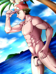 Rule 34 | 1boy, abs, creatures (company), flaccid, game freak, hat, male focus, muscular, nintendo, nude, ocean, outdoors, pectorals, penis, pokemon, pokemon sm, red (pokemon), red (pokemon sm), sky, tagme, testicles, tofu (coolboyz18)