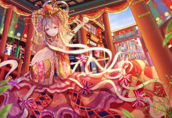 Rule 34 | 1girl, alternate costume, alternate eye color, architecture, bow, ceiling, chinese clothes, closed mouth, day, diamond (shape), east asian architecture, flag, hair bow, hair ornament, hair stick, hat, holding, jewelry, lantern, light smile, long hair, long sleeves, luo tianyi, mole, mole under mouth, new year, paper lantern, pillar, pink lips, pipa (instrument), plant, ribbon, see-through, silver hair, skirt, sky, smile, solo, striped, tangjinhang, torii, vase, veil, very long hair, vocaloid, vocanese, wide sleeves, yellow eyes