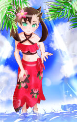 Rule 34 | 1girl, absurdres, aqua eyes, armpits, asymmetrical bangs, barefoot, beach, bikini, black hair, child, collarbone, creatures (company), eyelashes, feet, female focus, flat chest, flower, flower on head, game freak, hair ornament, halterneck, hand on own knee, hand up, happy, highres, leaning forward, legs, light particles, long hair, looking at viewer, marnie (pokemon), marnie (summer 2021) (pokemon), midriff, navel, neck, nintendo, ocean, official alternate costume, outdoors, palm tree, pink bikini, pink sarong, pokemon, pokemon masters ex, print sarong, rono (lethys), sandals, sarong, sky, smile, standing, summer, sunlight, swimsuit, toes, tree, twintails, two-tone bikini, undercut, unworn sandals, wading, water