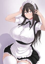 Rule 34 | 1girl, apron, black eyes, black hair, black skirt, bralines, breasts, collared shirt, commentary request, frilled skirt, frills, gradient background, hair between eyes, highres, huge breasts, long hair, looking at viewer, maid, maid apron, maid headdress, natsuishi nana, original, shadow, shirt, short sleeves, sidelocks, simple background, skirt, smile, solo, thighhighs, white shirt, white thighhighs, zettai ryouiki