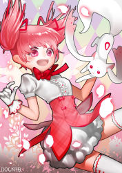 Rule 34 | 10s, 1girl, :3, absurdres, alternate costume, bubble skirt, dockab, gloves, highres, kaname madoka, kyubey, looking at viewer, mahou shoujo madoka magica, mahou shoujo madoka magica (anime), open mouth, pink eyes, pink hair, red eyes, ribbon, short twintails, skirt, solo, twintails, white legwear
