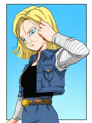 Rule 34 | 1girl, absurdres, android 18, aqua eyes, arm up, belt, blonde hair, brown belt, collarbone, commentary, dragon ball, dragonball z, english commentary, highres, iamthetrev, jacket, long sleeves, looking at viewer, solo, striped sleeves, torn, torn clothes, torn jacket, vertical-striped sleeves, white sleeves