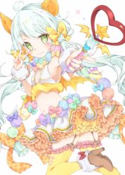 Rule 34 | 1girl, ahoge, animal ears, aqua hair, bat wings, blue bow, blush, bow, breasts, brown footwear, commentary request, crop top, frilled skirt, frilled thighhighs, frills, fur-trimmed footwear, fur trim, garter straps, green eyes, high heels, highres, index finger raised, long hair, looking at viewer, midriff, multicolored clothes, multicolored skirt, navel, original, pom pom (clothes), sideboob, simple background, skirt, sleeveless, small breasts, smile, solo, tears, thighhighs, toma tokage, twintails, v, waist cutout, wand, white background, winged wand, wings, wristband, yellow bow, yellow thighhighs
