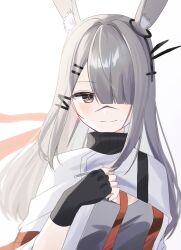 Rule 34 | 1girl, absurdres, animal ears, arknights, black gloves, blurry, cape, cleavage cutout, closed mouth, clothing cutout, fingerless gloves, frostnova (arknights), gloves, grey eyes, grey hair, grey shirt, hair ornament, hair over one eye, hairclip, hand up, high collar, highres, light blush, long hair, looking at viewer, nishimiya aki, one eye covered, rabbit ears, rabbit girl, scar, scar on face, scar on nose, shirt, smile, solo, split mouth, upper body, white background, white cape
