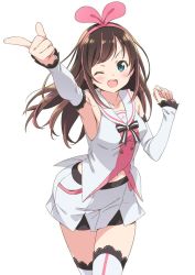 Rule 34 | 1girl, ;d, armpits, bare shoulders, blue eyes, bow, breasts, brown hair, cowboy shot, detached sleeves, hairband, kanzaki hiro, kizuna ai, kizuna ai inc., long hair, looking at viewer, medium breasts, multicolored hair, navel, one eye closed, open mouth, pink hair, sailor collar, shorts, simple background, sleeveless, smile, solo, streaked hair, thighhighs, virtual youtuber, white background
