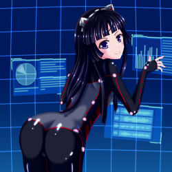 Rule 34 | 10s, 1girl, against glass, animal ears, ass, ass press, blue eyes, blue hair, bodysuit, cat ears, cat girl, female focus, guilty crown, highres, huge ass, leaning, leaning forward, long hair, looking at viewer, looking back, matching hair/eyes, shiny clothes, smile, solo, tsugumi (guilty crown), yosuzu