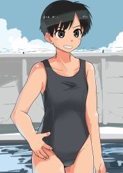 Rule 34 | 1girl, absurdres, black hair, black one-piece swimsuit, blush, breasts, day, female focus, grin, haida katsuretsu, hand on own hip, highres, one-piece swimsuit, original, outdoors, school swimsuit, short hair, small breasts, smile, solo, swimsuit, tomboy