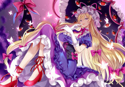 Rule 34 | 1girl, absurdly long hair, blonde hair, breasts, bug, butterfly, cleavage, dress, elbow gloves, frills, full body, gap (touhou), givuchoko, gloves, glowing butterfly, hair between eyes, hat, high heels, insect, large breasts, long hair, looking at viewer, mob cap, parted lips, petticoat, purple dress, purple eyes, simple background, solo, touhou, very long hair, yakumo yukari