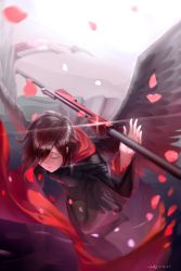 Rule 34 | 10s, 1girl, 2015, black dress, black hair, black pantyhose, black wings, breasts, canzhajiang, cape, cloak, closed eyes, dress, feathered wings, from above, full body, hair over one eye, highres, hood, hooded cloak, lace-trimmed sleeves, lace trim, lens flare, long sleeves, one eye covered, pantyhose, parted lips, petals, red cape, red hair, rose petals, ruby rose, rwby, scythe, short hair, signature, solo, swept bangs, weapon, wings
