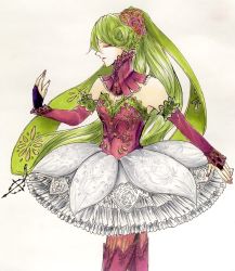 Rule 34 | 1girl, bare shoulders, boots, braid, bridal gauntlets, closed eyes, creatures (company), cross-laced footwear, detached collar, detached sleeves, dress, eyeshadow, flower, french braid, frilled dress, frills, game freak, gen 7 pokemon, green hair, harogito, high ponytail, highres, jewelry, lace-up boots, long hair, long sleeves, makeup, nail polish, nintendo, pantyhose, personification, pink nails, pokemon, pokemon sm, profile, purple flower, purple footwear, purple pantyhose, purple rose, ring, rose, solo, standing, strapless, strapless dress, traditional media, tsareena