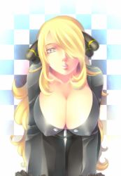Rule 34 | 00s, 1girl, bad id, bad pixiv id, blonde hair, breasts, cleavage, covered erect nipples, creatures (company), cynthia (pokemon), game freak, large breasts, lips, naoto (yandereheaven), nintendo, open mouth, pokemon, pokemon dppt, solo