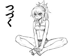Rule 34 | 1girl, barefoot, bikini, bikini top only, braid, breasts, butterfly sitting, camisole, cleavage, comic, fate/apocrypha, fate/grand order, fate (series), feet, full body, greyscale, half up braid, hands on feet, looking at viewer, mitsurugi tsurugi, monochrome, mordred (fate), mordred (fate/apocrypha), mordred (memories at trifas) (fate), ponytail, short shorts, shorts, simple background, sitting, solo, stomach, strapless, strapless bikini, swimsuit, translated, v-shaped eyebrows, white background