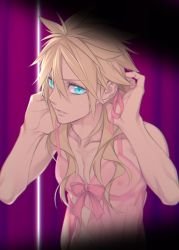 Rule 34 | 1boy, aqua eyes, bare arms, blonde hair, bow, cloud strife, collarbone, crossdressing, earrings, final fantasy, final fantasy vii, hair between eyes, hair ribbon, hand in own hair, jewelry, kiki lala, long hair, looking at viewer, male focus, muscular, muscular male, parted lips, pink bow, pink negligee, pink ribbon, ribbon, shadow, single earring, solo, spiked hair, sweatdrop, upper body, wavy hair