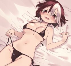 Rule 34 | 1girl, bags under eyes, bed, bed sheet, bikini, bikini bottom pull, bikini pull, black bikini, blush, breasts, clothes pull, collarbone, hair between eyes, highres, large breasts, lying, made in abyss, mauyu, micro bikini, navel, on bed, open mouth, pulling own clothes, red eyes, red hair, sheet grab, short hair, solo, sweat, swimsuit, underboob, vueko, white hair