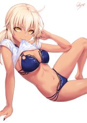 Rule 34 | 1girl, ahoge, arm support, artoria pendragon (all), artoria pendragon (fate), barefoot, beach, bikini, black nails, blonde hair, blue bikini, blue sky, breasts, cleavage, cloud, day, fate/grand order, fate (series), hand up, highres, long hair, looking at viewer, medium breasts, mouth hold, nail polish, navel, o-ring, o-ring bikini, outdoors, saber alter, sakiyamama, shiny skin, shirt, short sleeves, signature, simple background, sky, smile, solo, stomach, sunlight, swimsuit, tan, thighs, white background, white shirt, yellow eyes