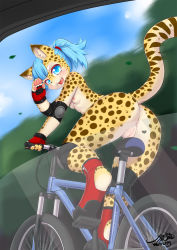 Rule 34 | 1girl, animal ears, animal hands, anus, artist name, ass, bicycle, blue eyes, blue hair, blue sky, blush, breasts, claws, cleft of venus, cloud, day, elbow pads, fangs, female focus, fingerless gloves, furry, furry female, gloves, hair tie, hand up, heart, highres, knee pads, looking at viewer, matching hair/eyes, nipples, nude, open mouth, original, ponytail, pussy, red footwear, red gloves, riding, signature, sky, small breasts, smile, solo, tail, teeth, text focus, tree, uncensored, waving, window, wolflong