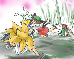 Rule 34 | 4girls, :d, animal ears, animal hat, bad id, bad pixiv id, bamboo, bamboo forest, bit, bit (kksbit), blonde hair, cart, cat ears, cat girl, cat tail, chen, closed eyes, dress, female focus, forest, fox tail, hat, hug, inaba tewi, kaenbyou rin, long sleeves, mob cap, multiple girls, multiple tails, nature, open mouth, mob cap, rabbit ears, shoes, short hair, smile, tail, tassel, touhou, wheelbarrow, yakumo ran
