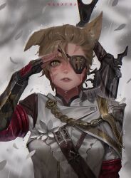 Rule 34 | 1girl, animal ears, armor, warrior of light (ff14), brown hair, cat ears, crying, crying with eyes open, eyepatch, facial mark, final fantasy, final fantasy xiv, fingerless gloves, gloves, green eyes, gun, highres, machinist (final fantasy), maoxfhan, parted lips, rain, scar, scar on face, scar on nose, short hair, shoulder armor, slit pupils, solo, tears, upper body, weapon, whisker markings