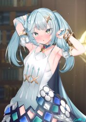 Rule 34 | 1girl, arm behind head, armpits, blue hair, blush, bracelet, breasts, cameltoe, cleft of venus, dress, faruzan (genshin impact), genshin impact, gmkj, hair ornament, hairclip, highres, jewelry, long hair, looking at viewer, open mouth, small breasts, solo, twintails, yellow eyes