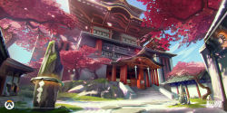 Rule 34 | 2014, absurdres, architecture, blue sky, company name, dated, day, east asian architecture, english text, from below, hanamura (overwatch), highres, no humans, official art, outdoors, overwatch, overwatch 1, petals, peter lee, scenery, sky, stairs, tree, watermark