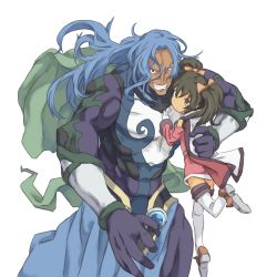Rule 34 | 00s, 1boy, 1girl, absurdres, anise tatlin, auru t, barbatos goetia, black hair, blue hair, bodysuit, bow, brown eyes, cape, dark-skinned male, dark skin, gloves, grin, hair bow, height difference, highres, long hair, manly, muscular, purple bodysuit, short hair, size difference, skirt, smile, tales of (series), tales of destiny 2, tales of the abyss, thighhighs, twintails, white background, white thighhighs