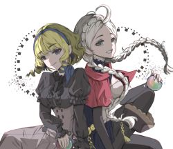 Rule 34 | 2girls, ahoge, back-to-back, belt, black legwear, blonde hair, boots, braid, breasts, buttons, capelet, choker, commission, commissioner upload, constance von nuvelle, dress, fire emblem, fire emblem: three houses, fire emblem fates, fire emblem heroes, frilled dress, frills, garreg mach monastery uniform, hairband, highres, holding orb, hood, hood down, hooded capelet, long hair, looking at viewer, mariirasuto7, medium breasts, medium hair, multicolored hair, multiple girls, nina (fire emblem), nintendo, non-web source, orb, parted bangs, purple hair, purple hairband, red hood, scarf, simple background, sitting, smile, turtleneck, twin braids, two-tone hair, white hair, white hairband